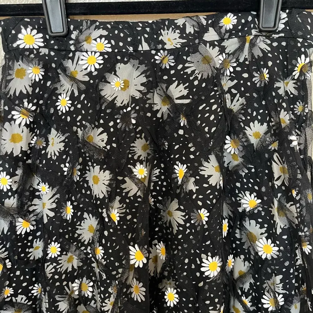 Eva Franco Midi Skirt Size 4 Tunisia Black Daisies Double Layer Overlay Tulle